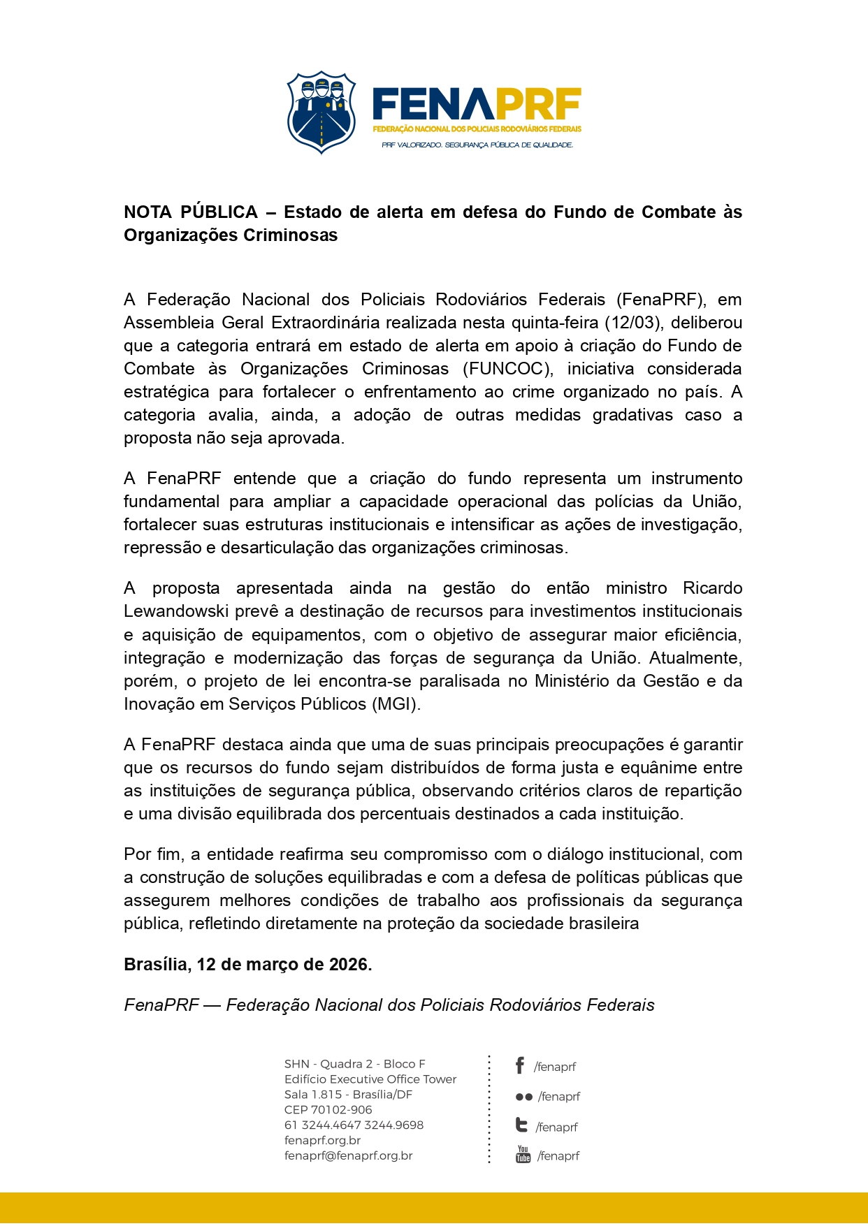 NOTA PÚBLICA DA FENAPRF EM DEFESA DO FUNCOC